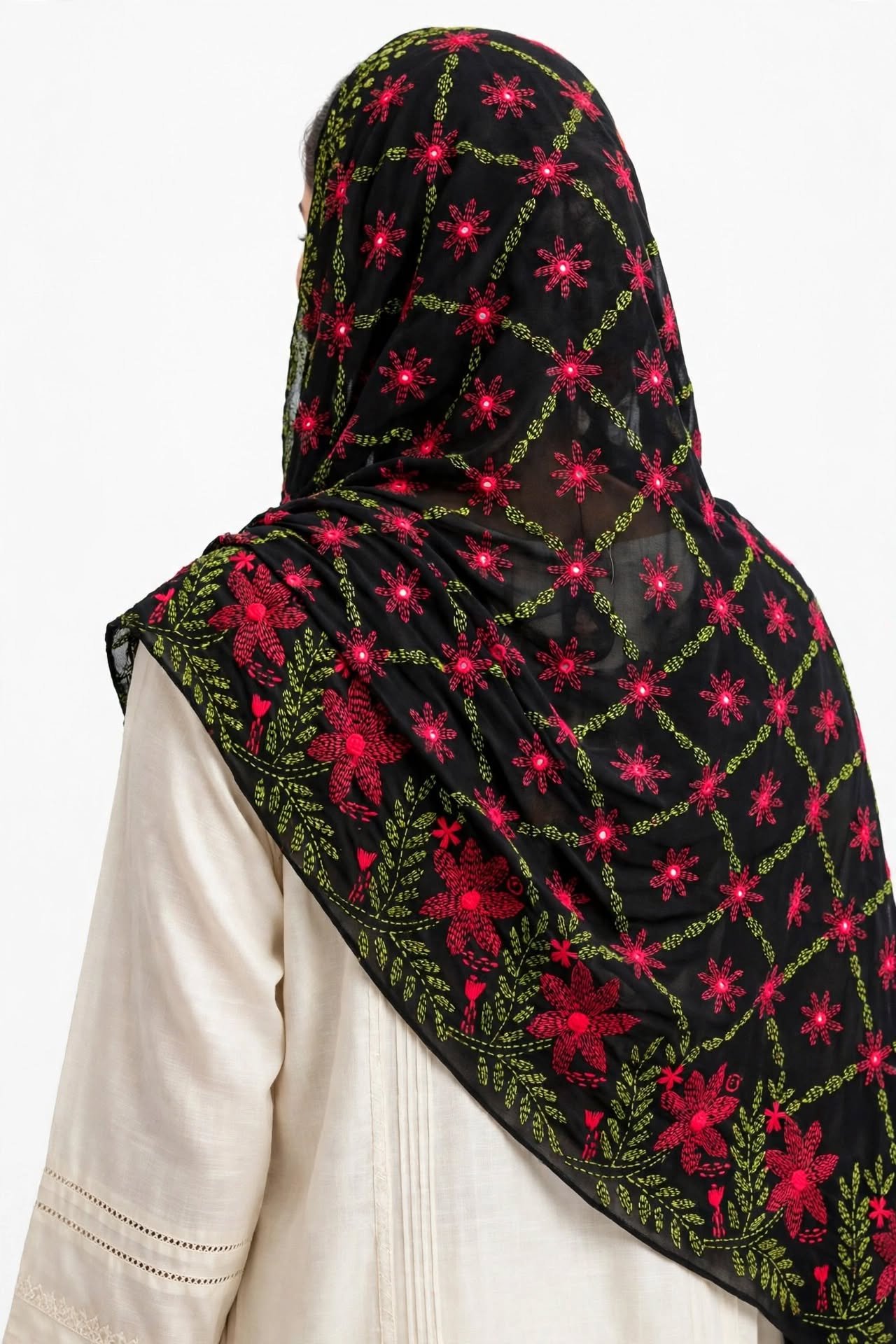 Gul-e-Bahar Multani Handmade Shawl Premium Georgette Stuff | Handmade Kacha Tanka Embroidery - Image 3