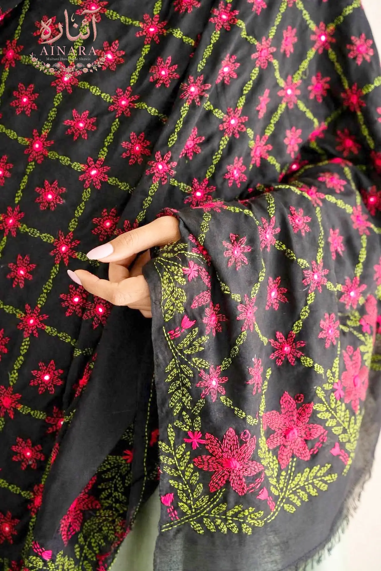Gul-e-Bahar Multani Handmade Shawl Premium Georgette Stuff | Handmade Kacha Tanka Embroidery - Image 2