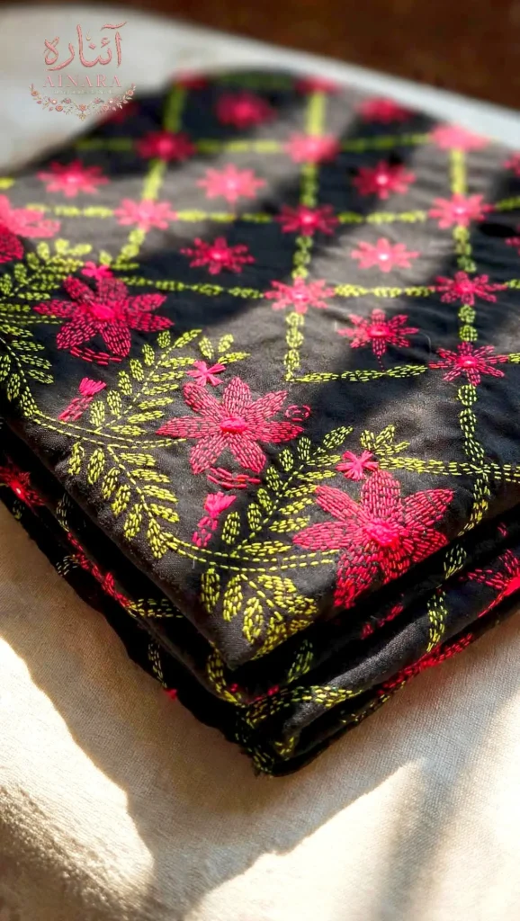 Gul-e-Bahar Multani Handmade Shawl Premium Georgette Stuff | Handmade Kacha Tanka Embroidery
